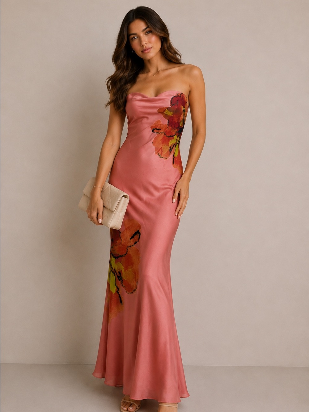 Hutch Coral Floral Satin Strapless Maxi Dress
